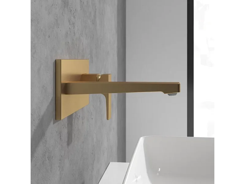 Mitigeur lavabo mural VILLEROY ET BOCH Architectura Square avec vidage Push Open Or brossé + corps encastré
