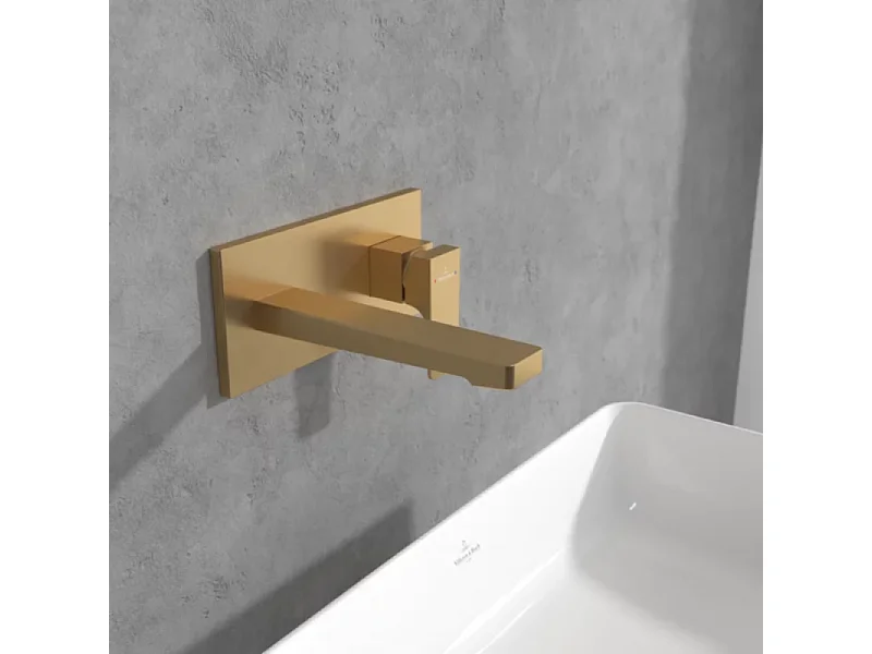 Mitigeur lavabo mural VILLEROY ET BOCH Architectura Square avec vidage Push Open Or brossé + corps encastré