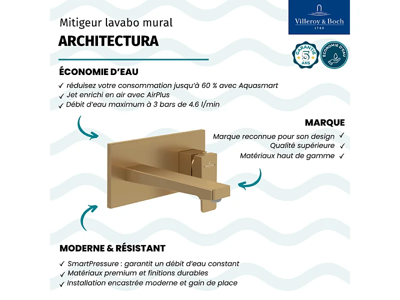 Mitigeur lavabo mural VILLEROY ET BOCH Architectura Square avec vidage Push Open Or brossé + corps encastré