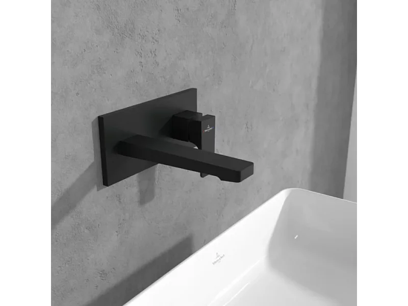 Mitigeur lavabo mural VILLEROY ET BOCH Architectura Square avec vidage Push Open Noir mat + corps encastré