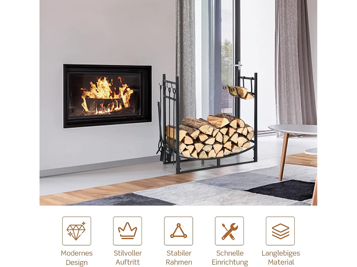 Kaminholzregal mit Kaminbesteck Set