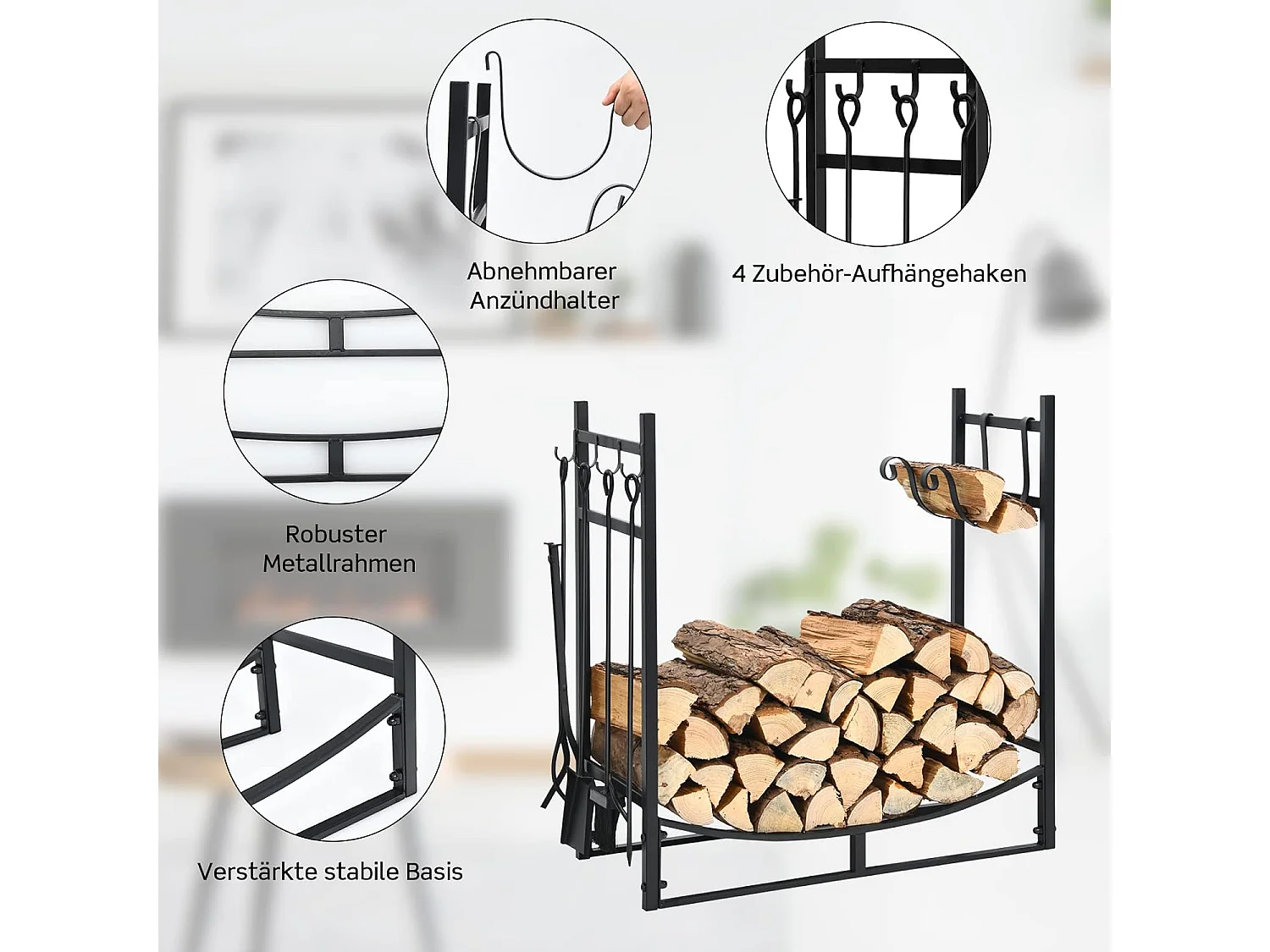 Kaminholzregal mit Kaminbesteck Set