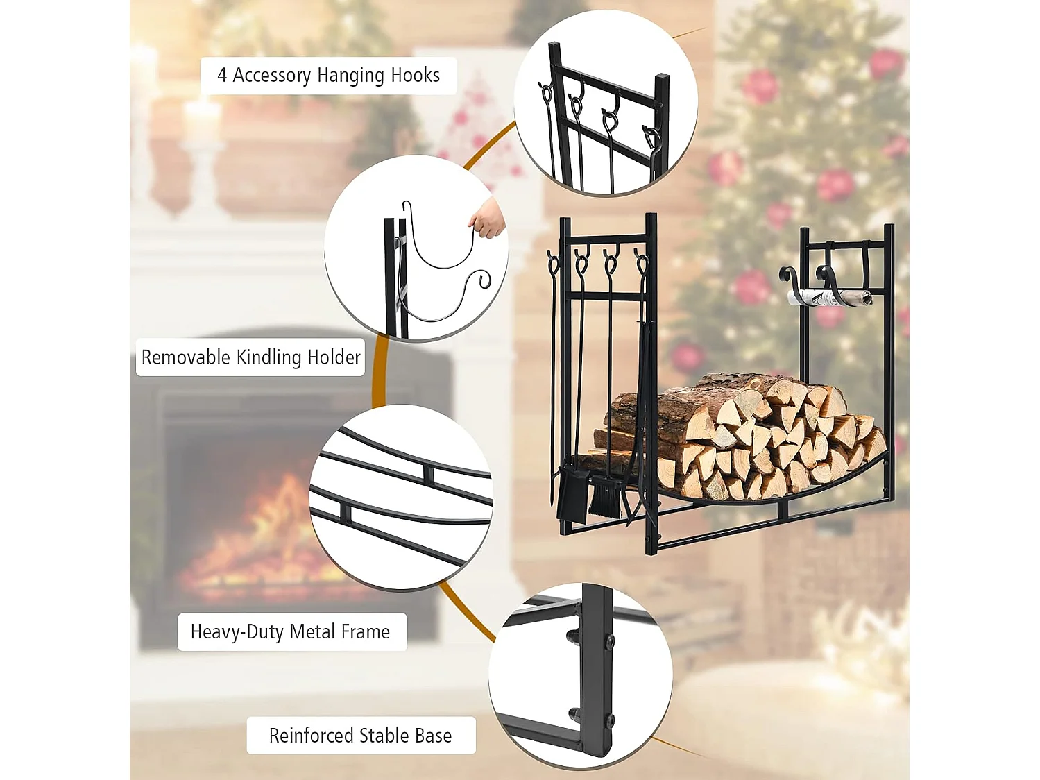 Kaminholzregal mit Kaminbesteck Set