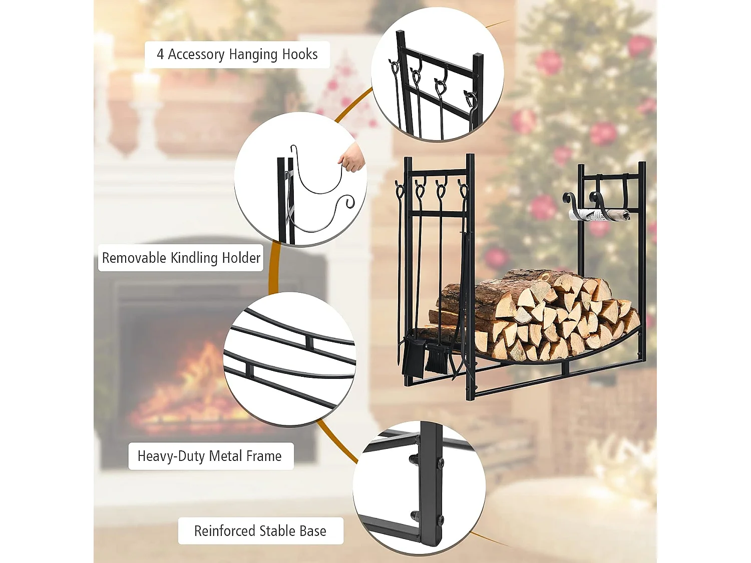 Kaminholzregal mit Kaminbesteck Set