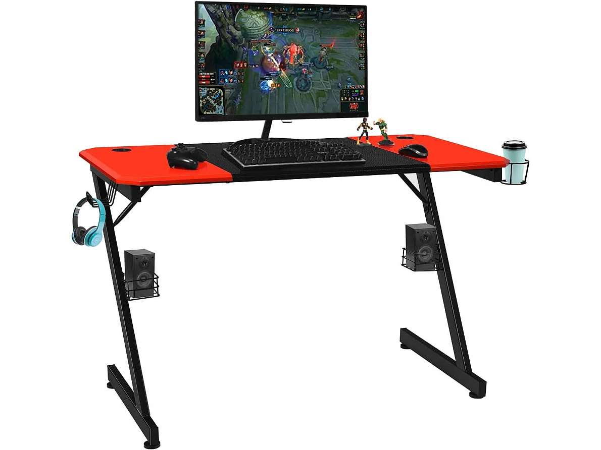 Z-förmiger Gaming Tisch Computertisch PC Tisch mit Becherhalter Kopfhörerhaken & Boxenständer Schreibtisch schwarz/rot
