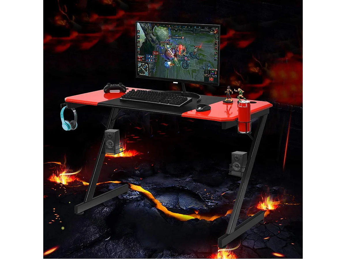 Z-förmiger Gaming Tisch Computertisch PC Tisch mit Becherhalter Kopfhörerhaken & Boxenständer Schreibtisch schwarz/rot
