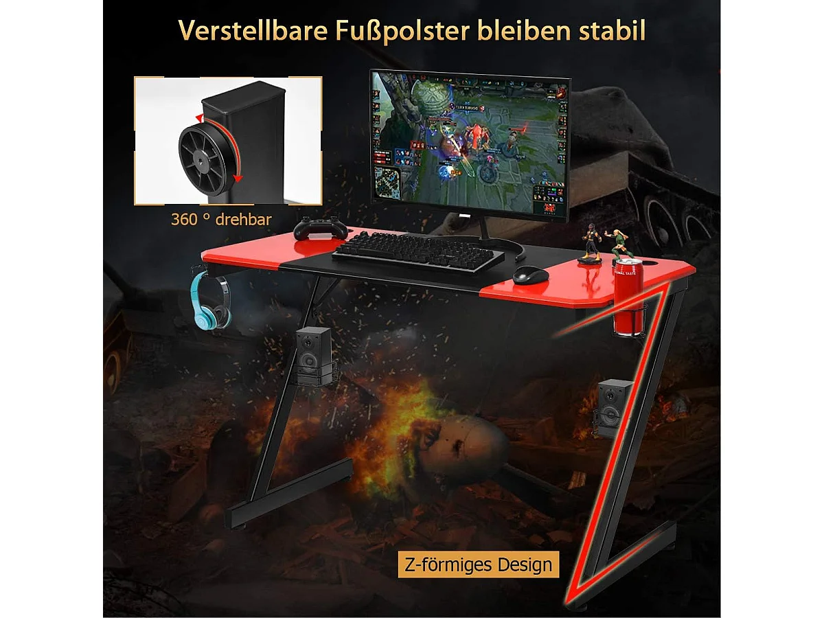 Z-förmiger Gaming Tisch Computertisch PC Tisch mit Becherhalter Kopfhörerhaken & Boxenständer Schreibtisch schwarz/rot