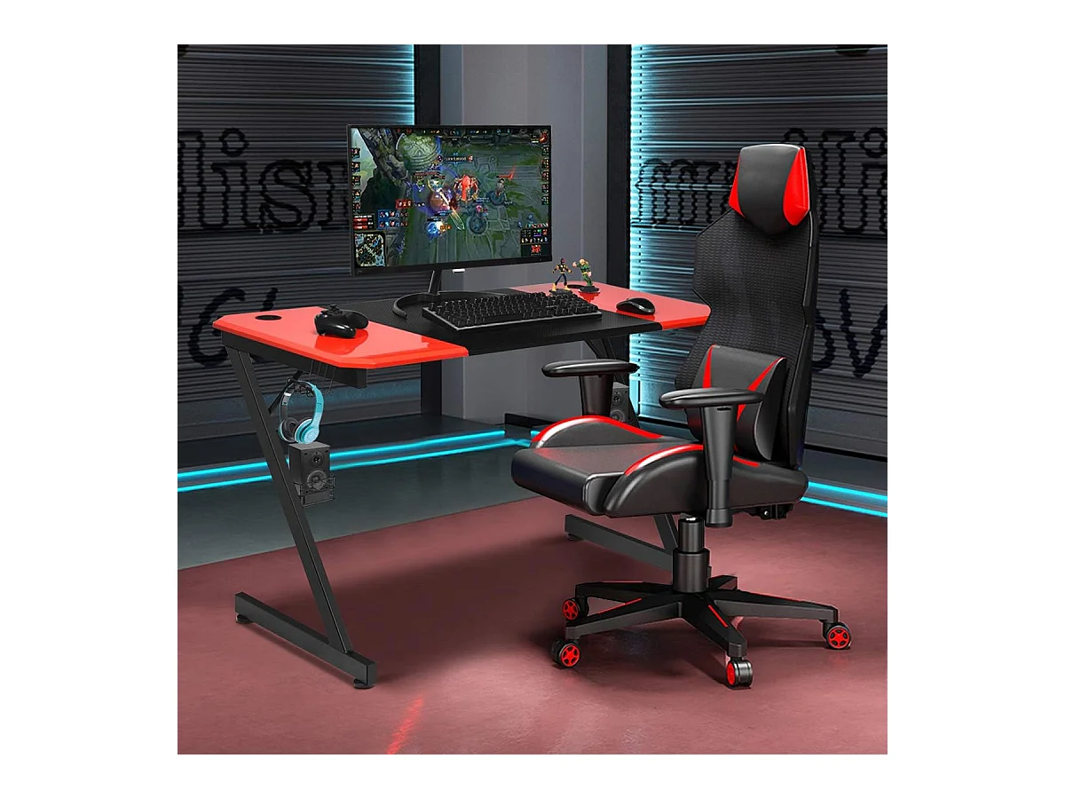 Z-förmiger Gaming Tisch Computertisch PC Tisch mit Becherhalter Kopfhörerhaken & Boxenständer Schreibtisch schwarz/rot