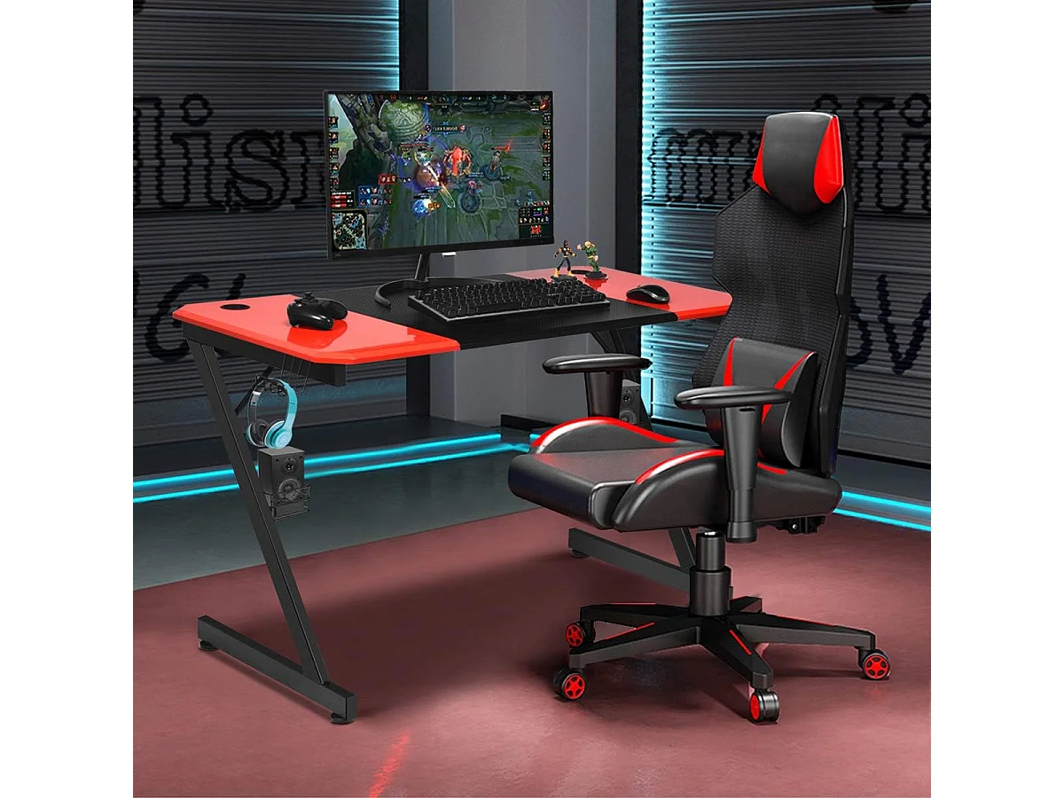 Bureau Gaming Porte-gobelet Crochet pour Ecouteurs Supports Audio Surface en Fibre de Carbone 120x60x76cm Noir+Rouge
