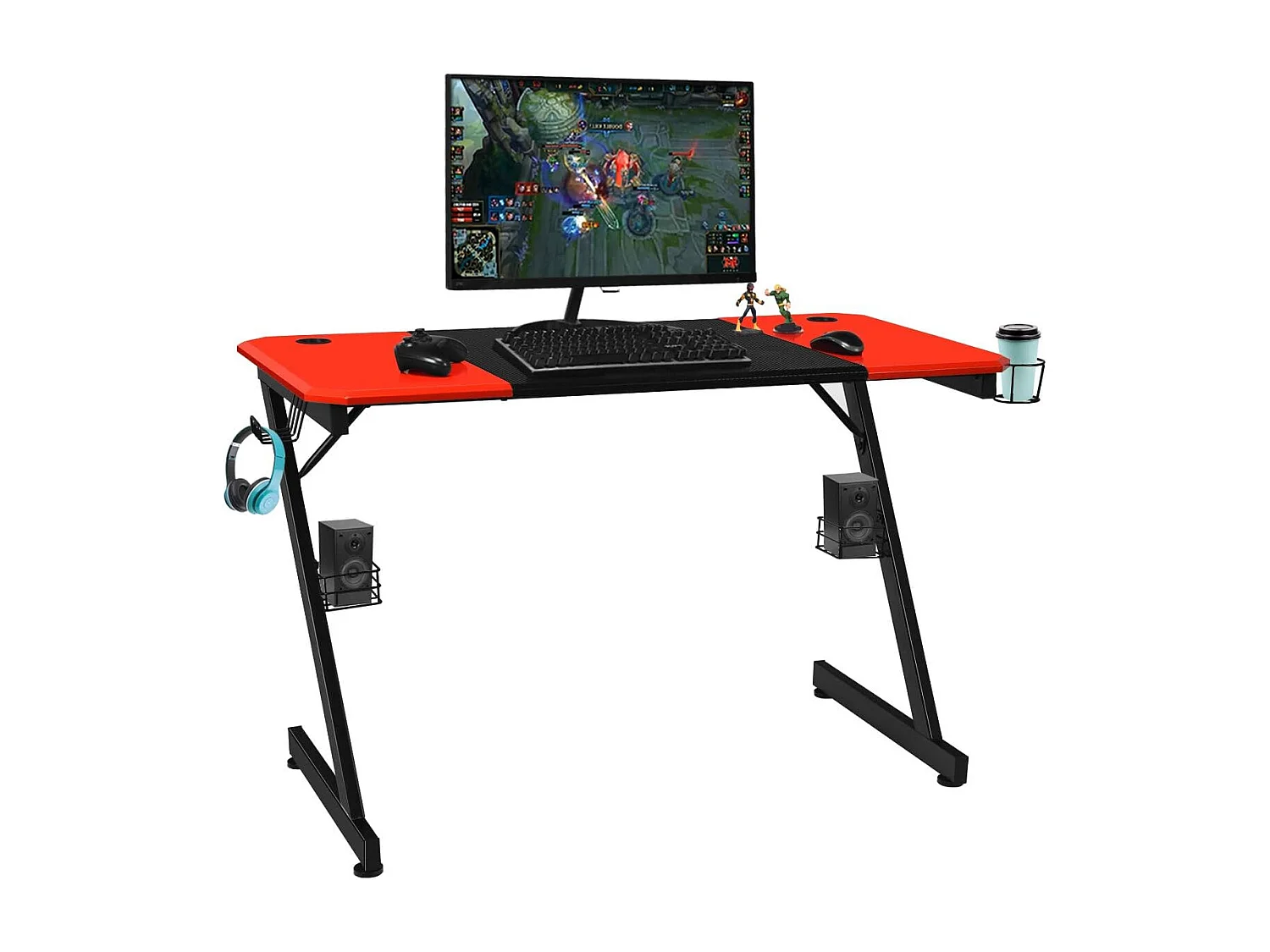 Bureau Gaming Porte-gobelet Crochet pour Ecouteurs Supports Audio Surface en Fibre de Carbone 120x60x76cm Noir+Rouge