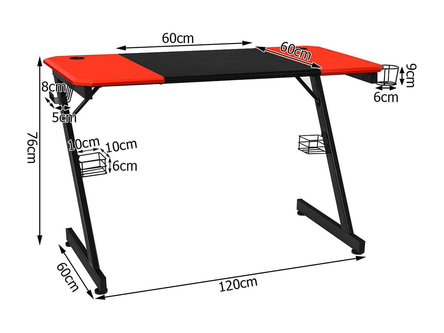 Bureau Gaming Porte-gobelet Crochet pour Ecouteurs Supports Audio Surface en Fibre de Carbone 120x60x76cm Noir+Rouge