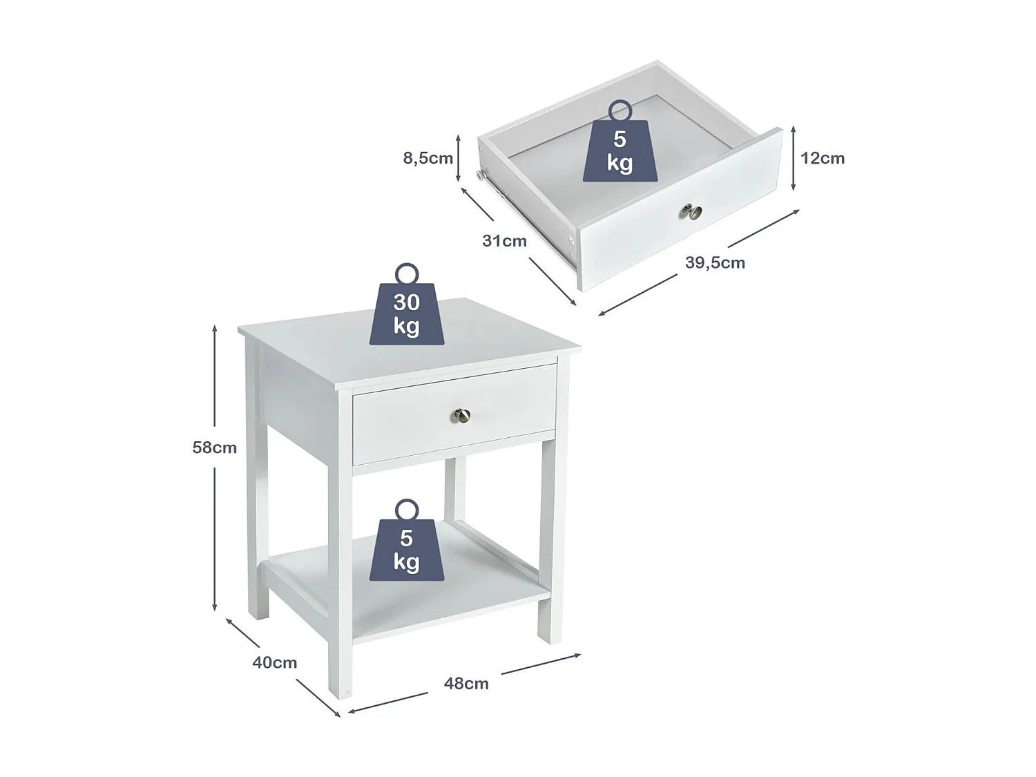 Set 2 comodini moderni con cassetto e mensola, Tavolini con 2 livelli per salone camera da letto corridoio Bianco