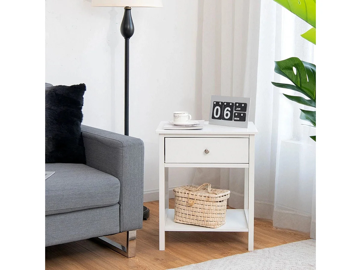 Set 2 comodini moderni con cassetto e mensola, Tavolini con 2 livelli per salone camera da letto corridoio Bianco