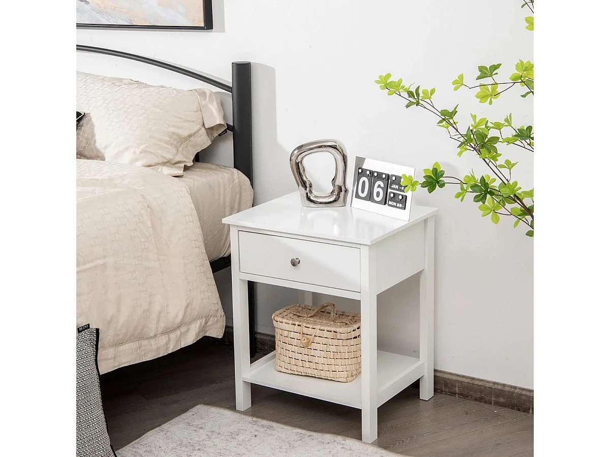 Set 2 comodini moderni con cassetto e mensola, Tavolini con 2 livelli per salone camera da letto corridoio Bianco