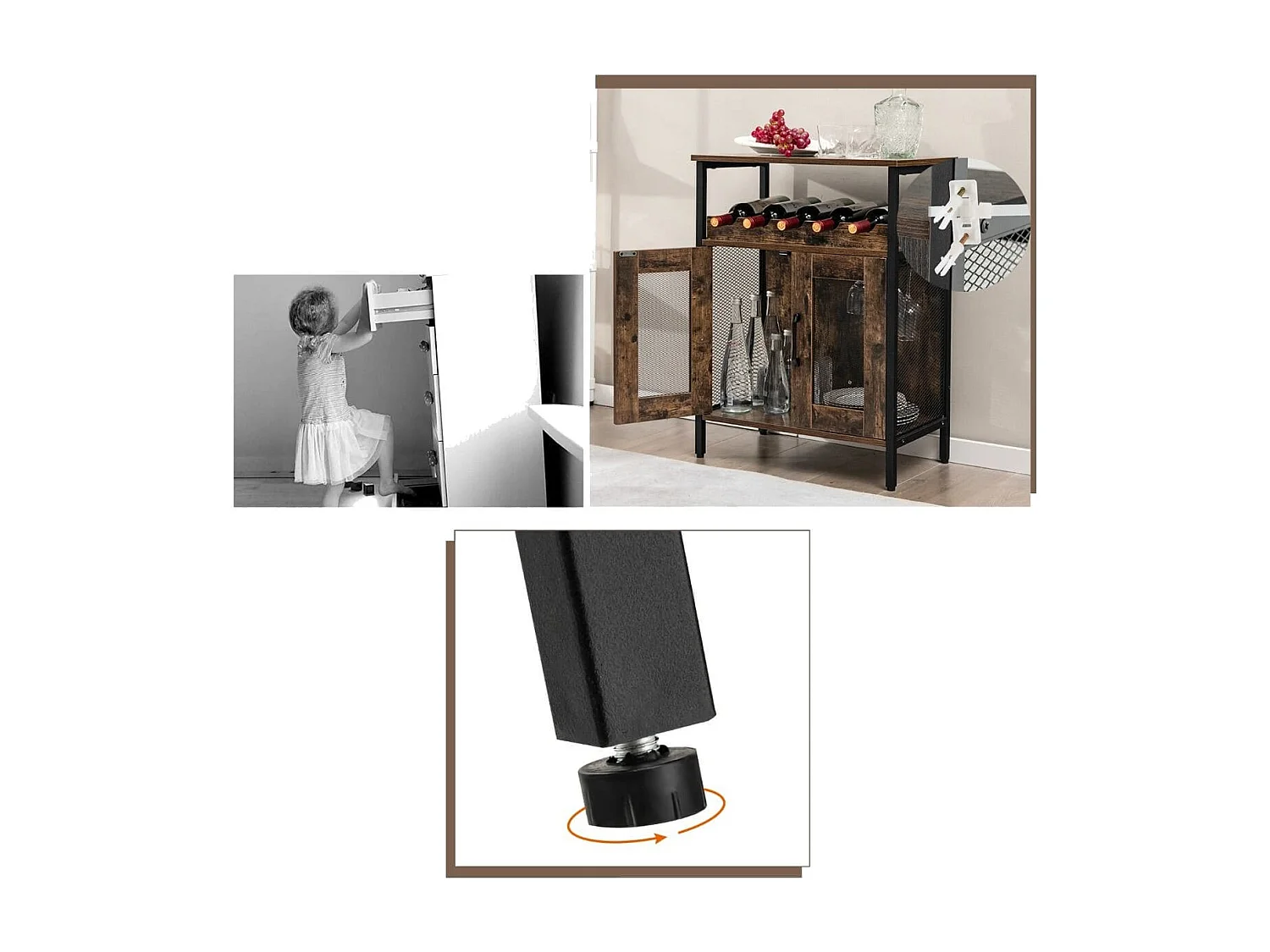 Vintage Weinschrank mit Abnehmbarem Weinregal & Integrierten Glashaltern Rustikales Braun