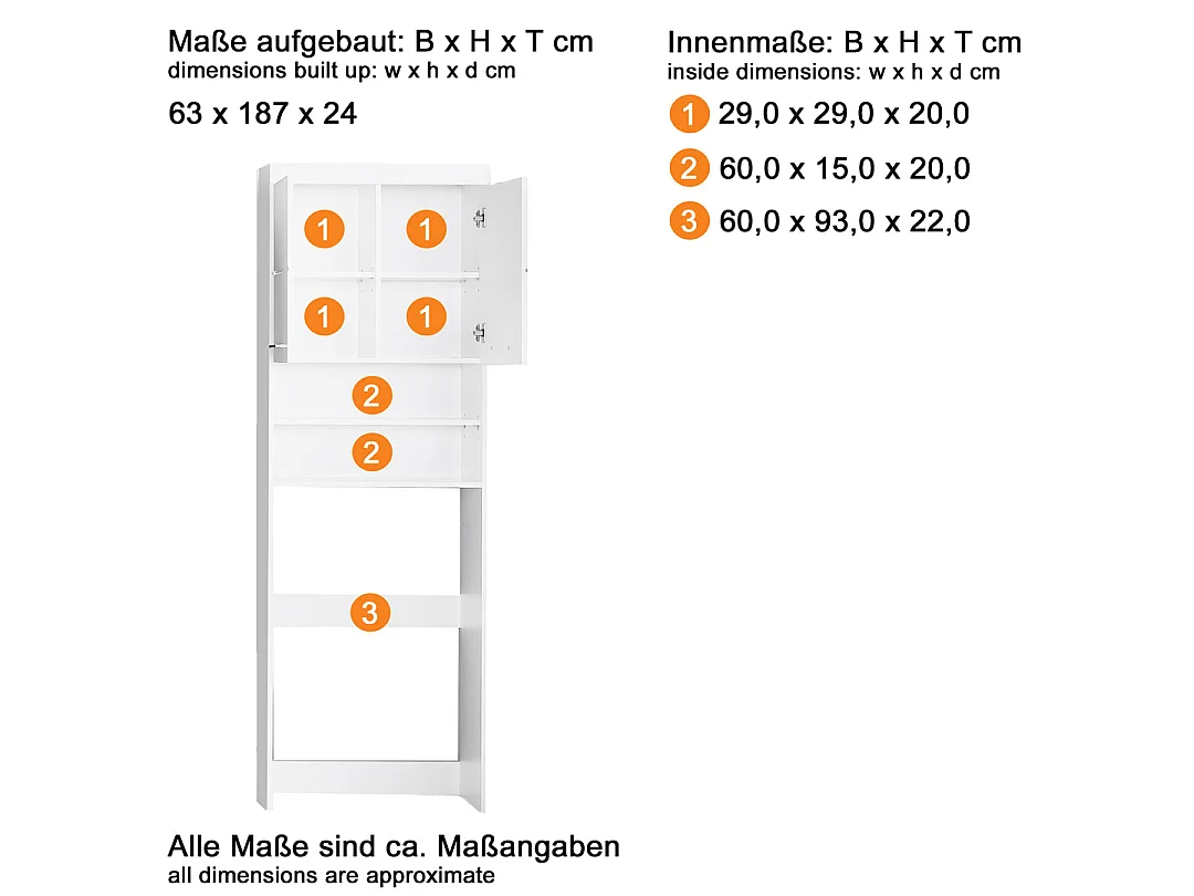 AmandaMandoBea Armoire de toilette avec miroir pour machine à laver, 2 portes, 2 compartiments ouverts, blanc, blanc brillant.
