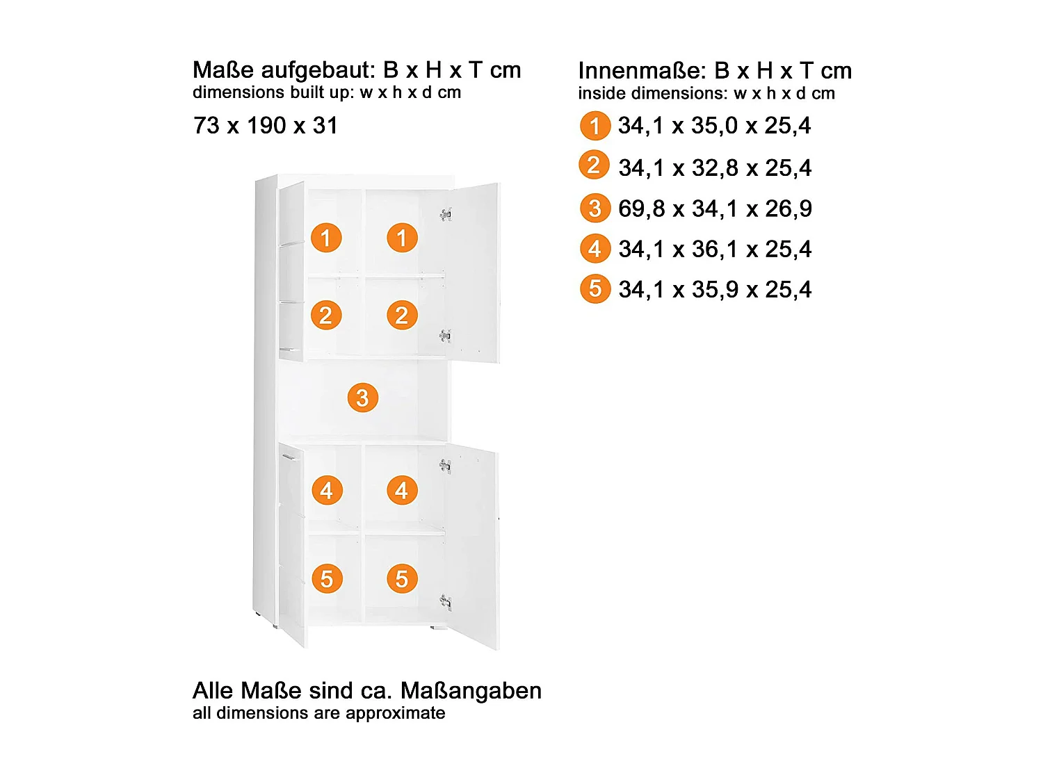 AmandaMandoBea Bad Hochschrank 1 offenes Fach, 4 Türen weiß, weiß Hochglanz.