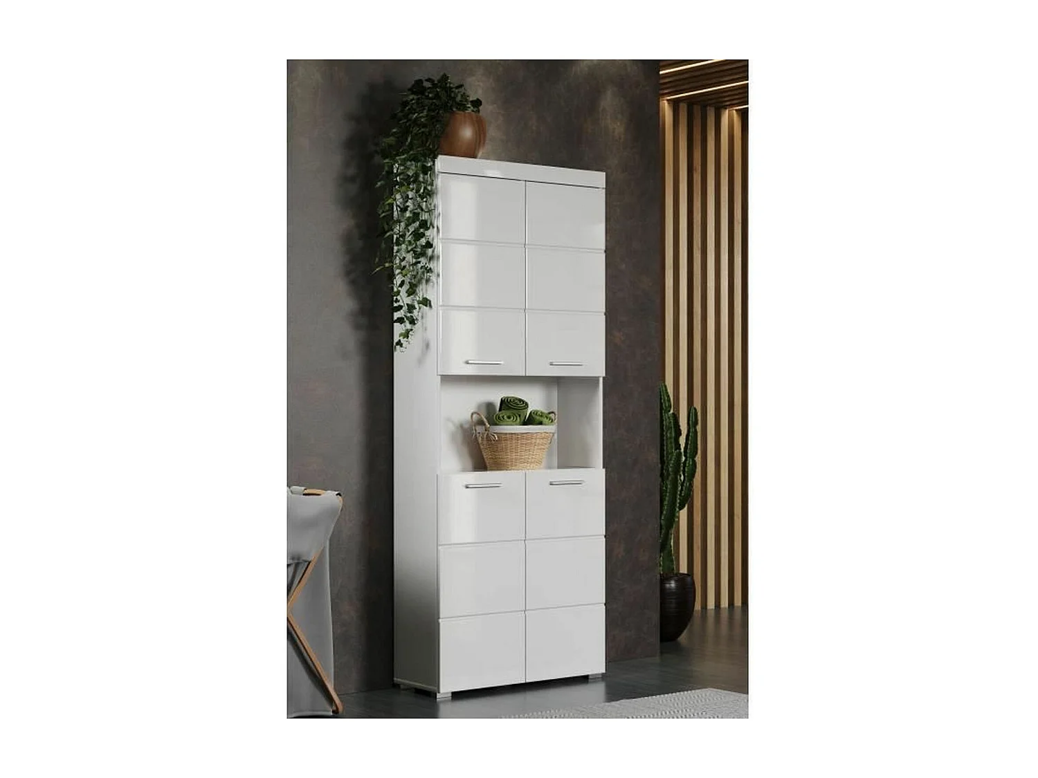 AmandaMandoBea Bad Hochschrank 1 offenes Fach, 4 Türen weiß, weiß Hochglanz.