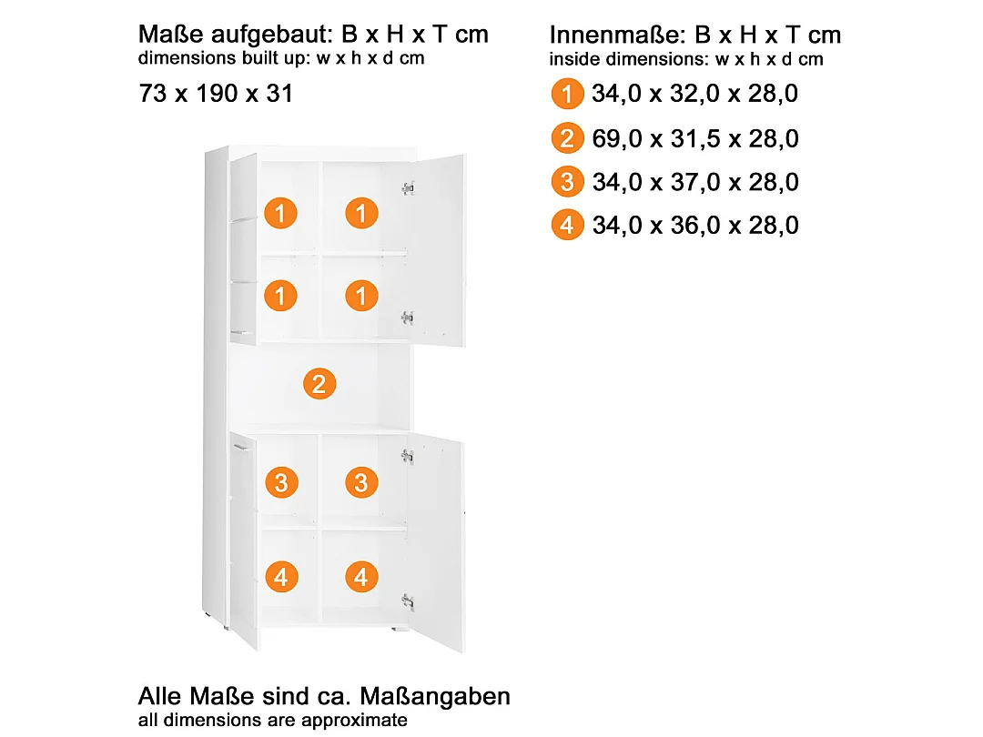 AmandaMandoBea Armoire haute 1 compartiment ouvert, 4 portes, blanc, blanc brillant.