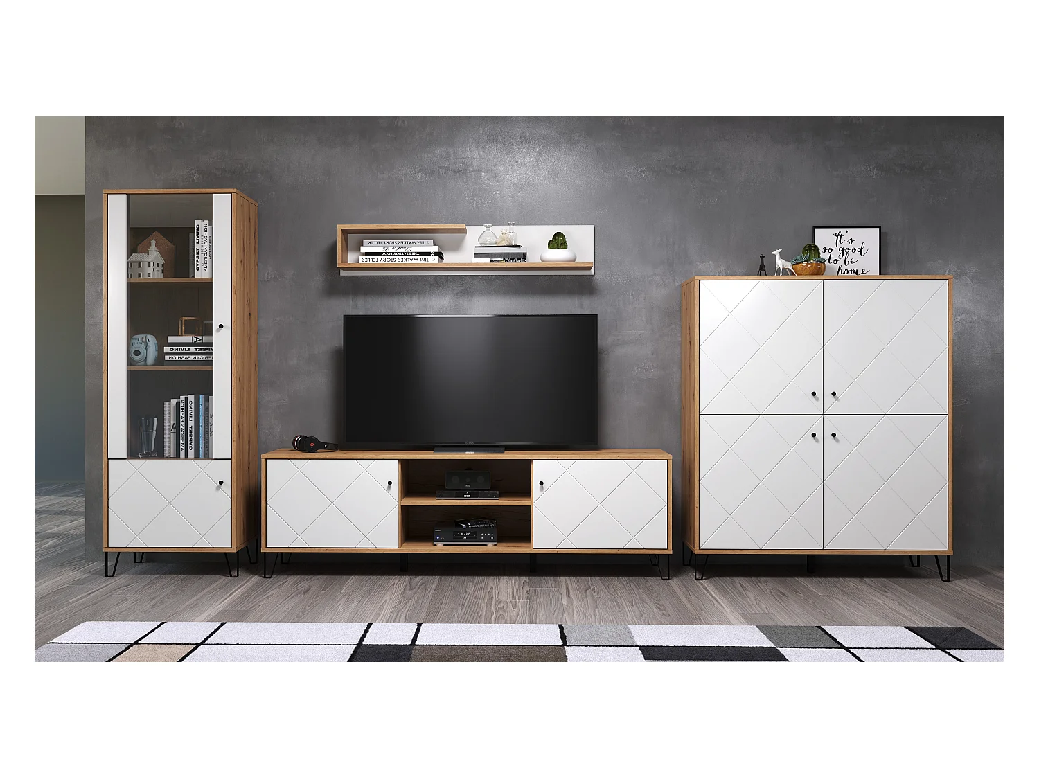 Kidou 4-deurs ambachtelijk eiken en mat wit dressoir 123 cm