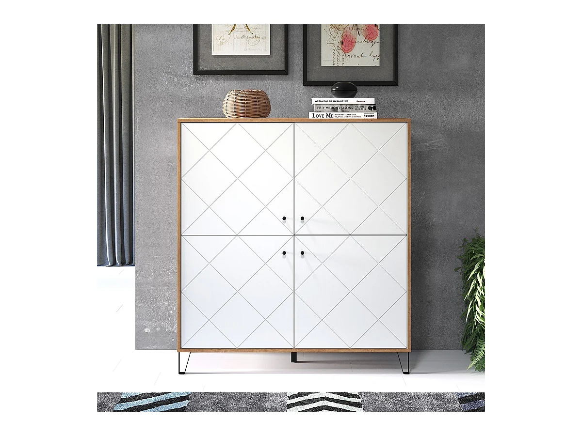 Kidou 4-deurs ambachtelijk eiken en mat wit dressoir 123 cm