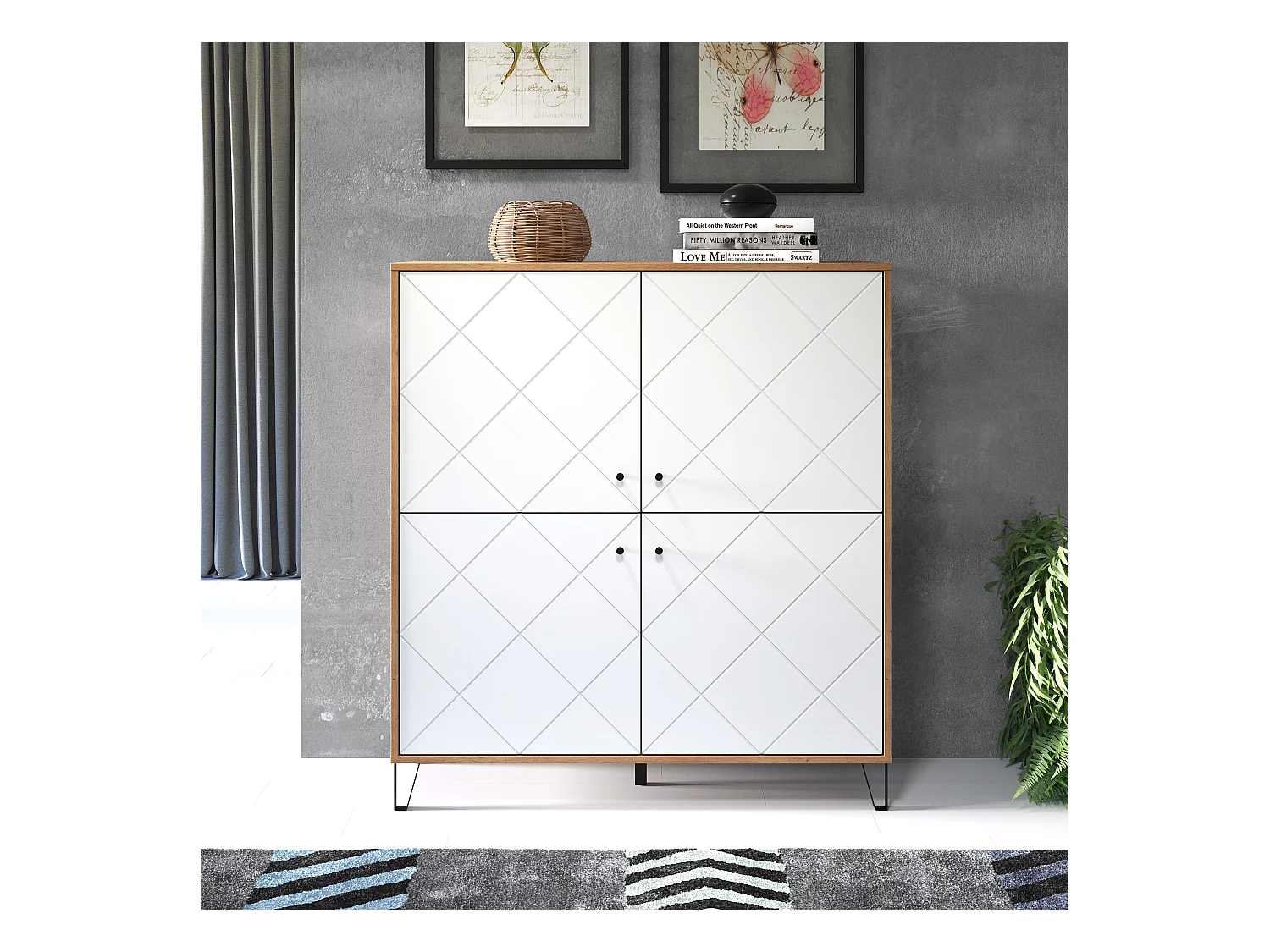 Kidou 4-deurs ambachtelijk eiken en mat wit dressoir 123 cm