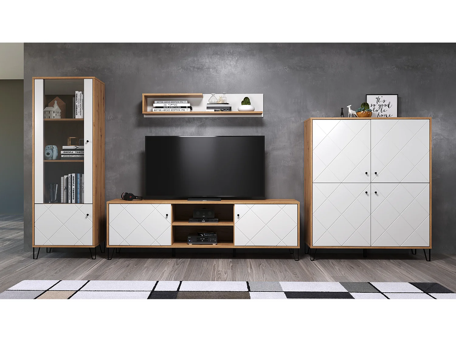 Buffet Bas - Mélaminé chêne - Naturel-blanc - 123 - 136 - 40 cm