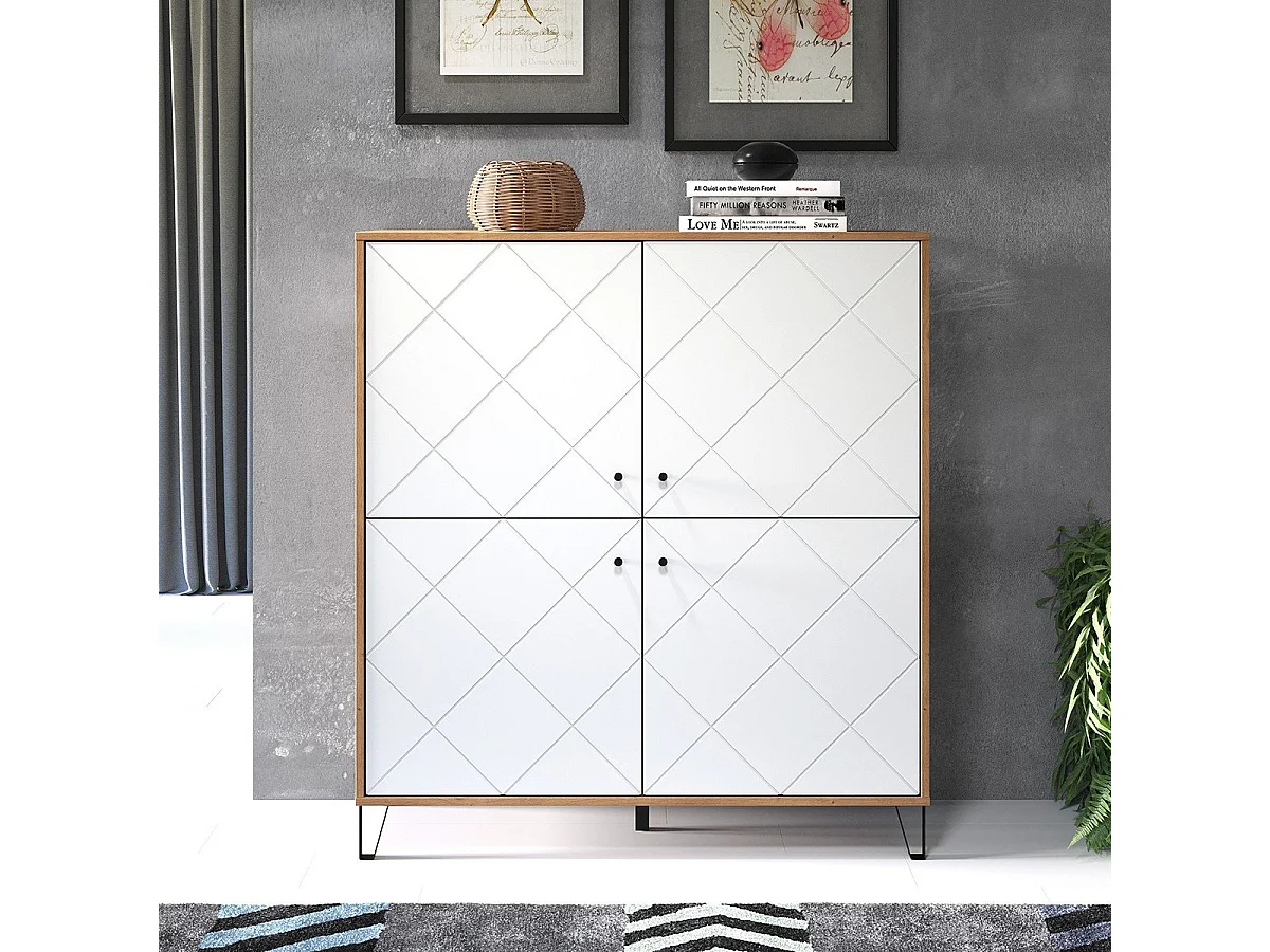 Kidou 4-deurs ambachtelijk eiken en mat wit dressoir 123 cm