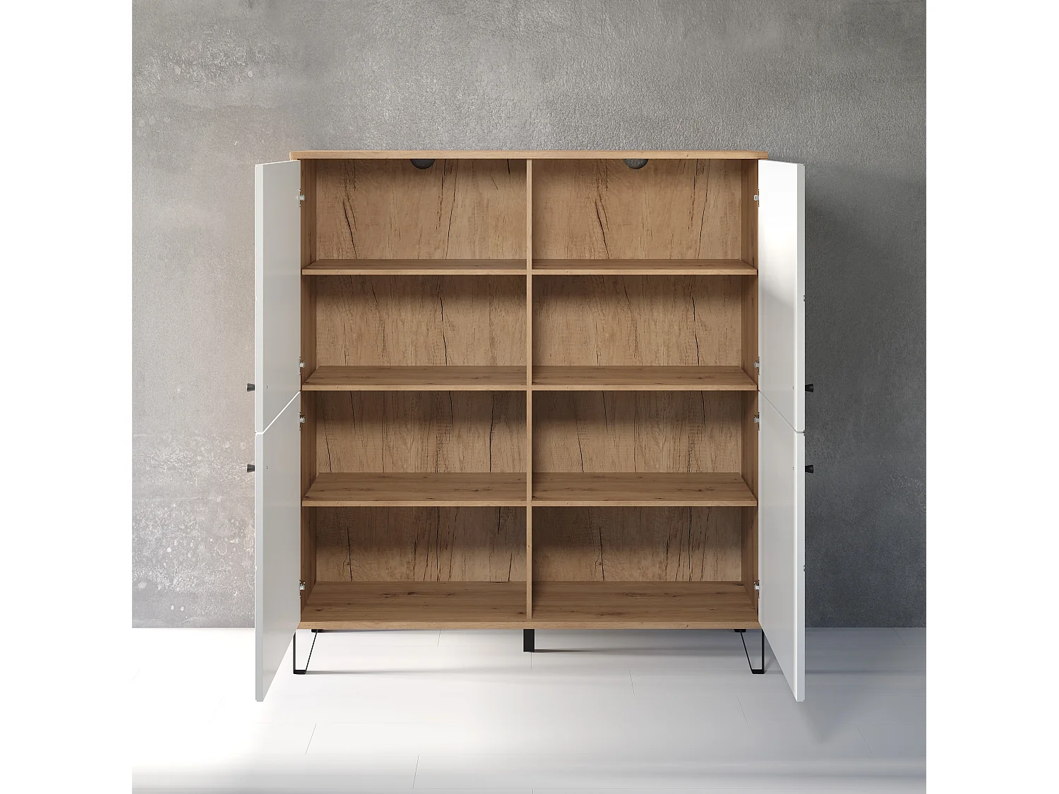 Kidou 4-deurs ambachtelijk eiken en mat wit dressoir 123 cm