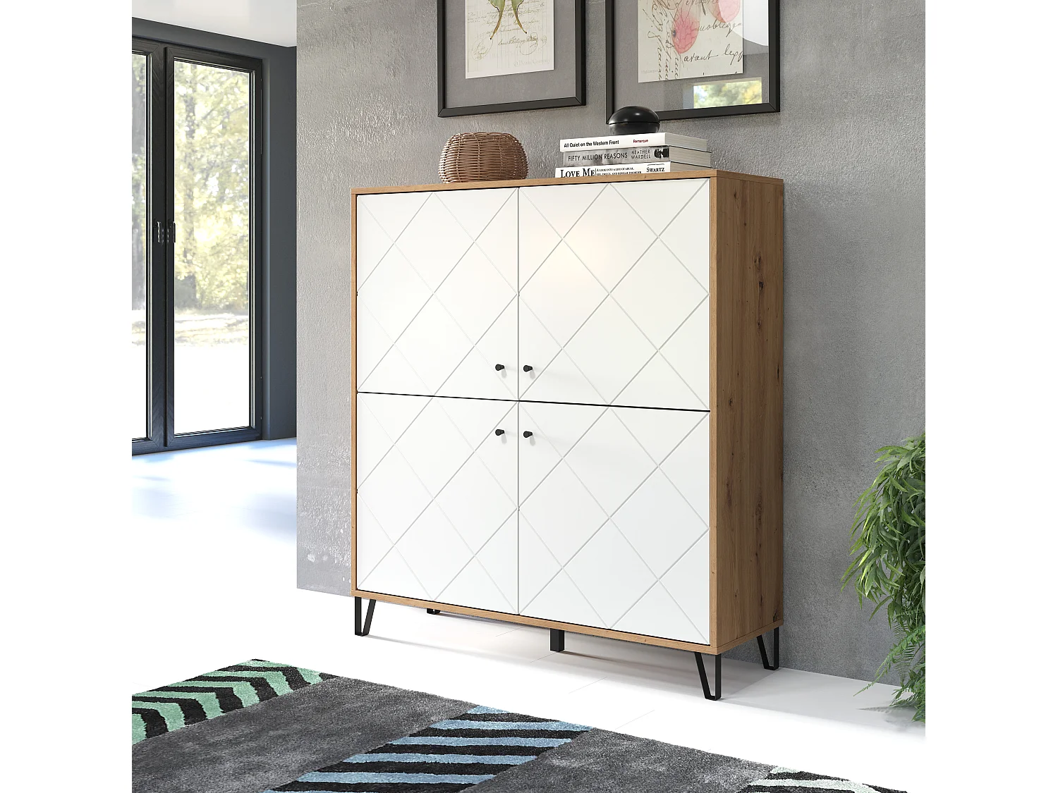 Kidou 4-deurs ambachtelijk eiken en mat wit dressoir 123 cm