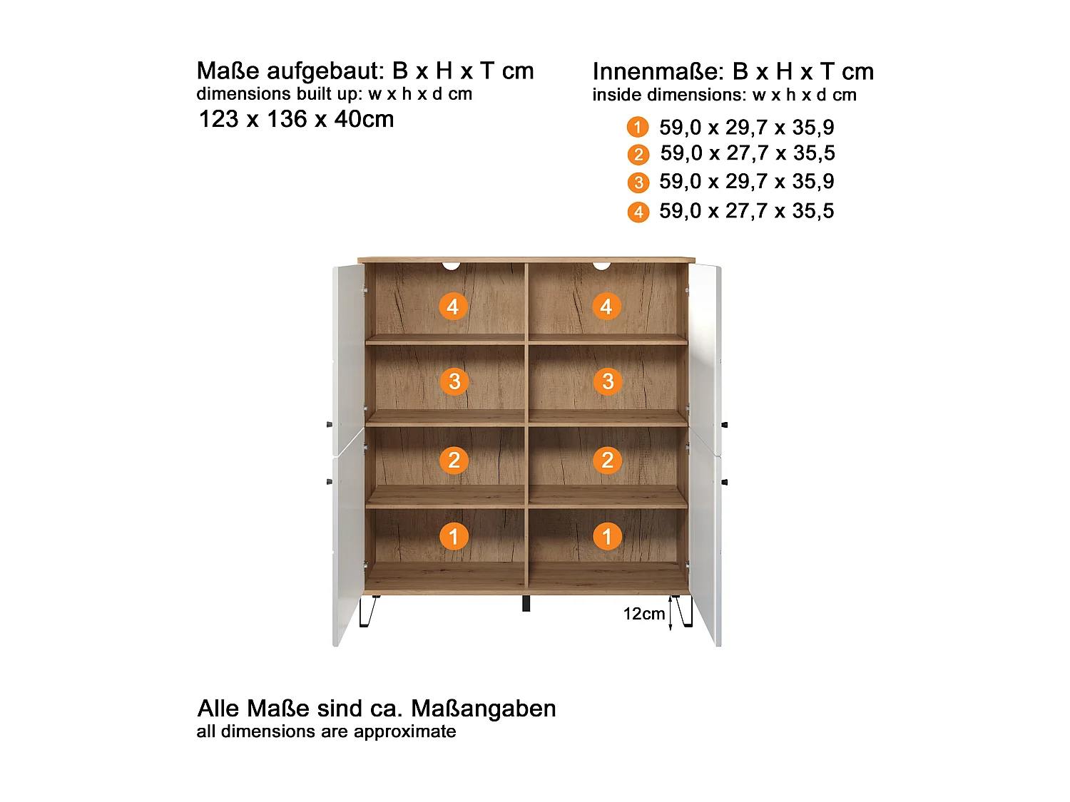 Kidou 4-deurs ambachtelijk eiken en mat wit dressoir 123 cm