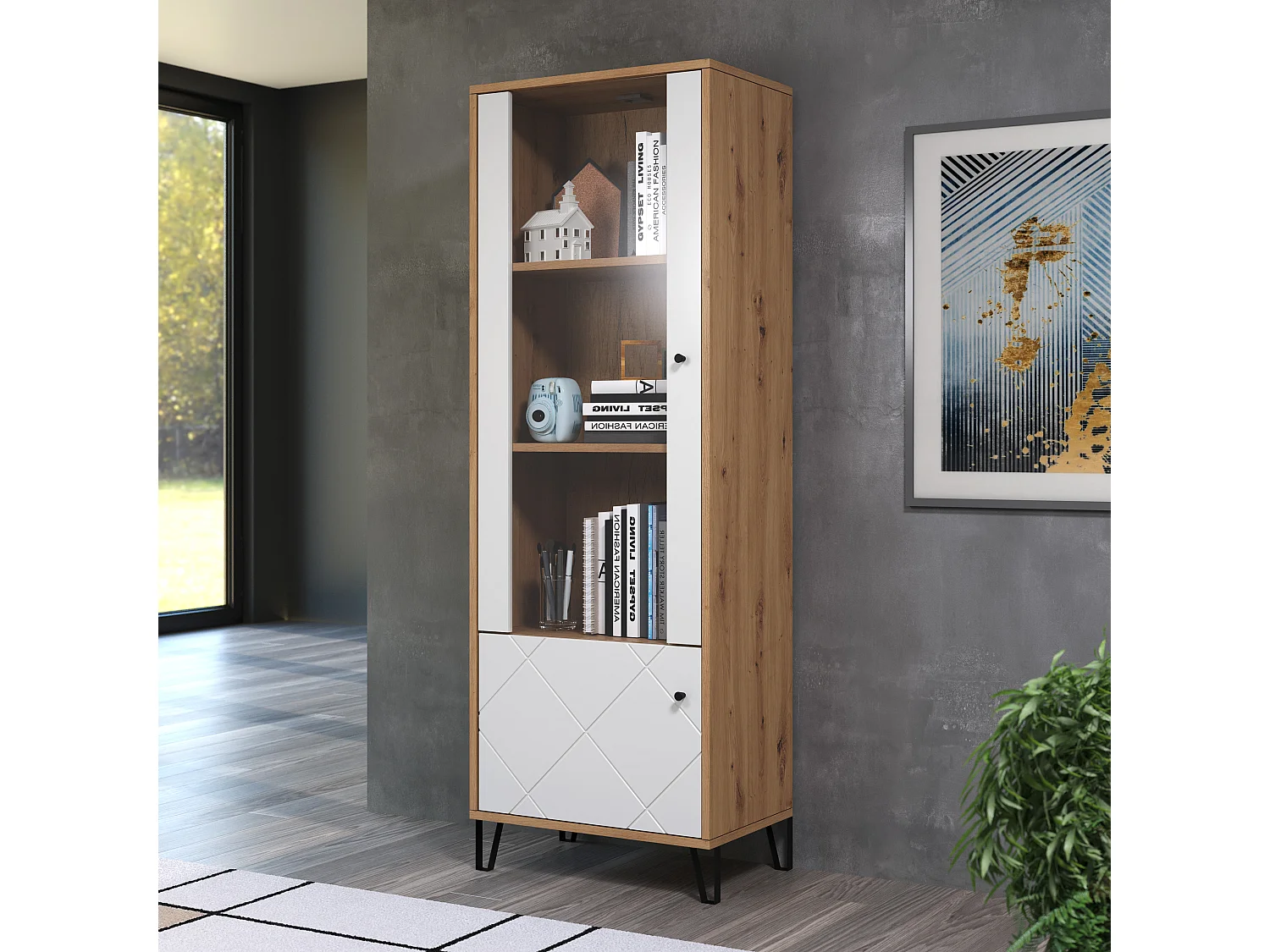 Vitrina artesanal Kidou roble y blanco mate 123 cm