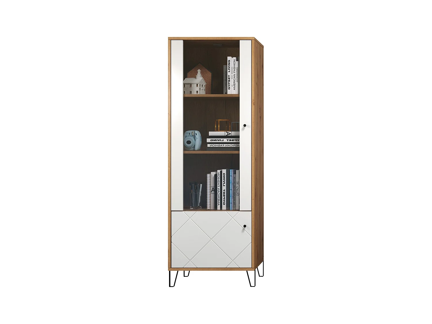 Vitrine chêne artisan et blanc mat Kidou 123cm