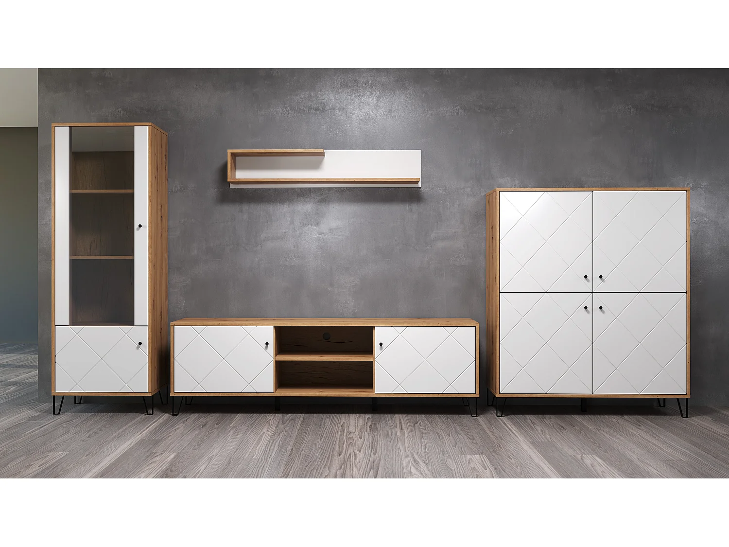 Vitrine chêne artisan et blanc mat Kidou 123cm