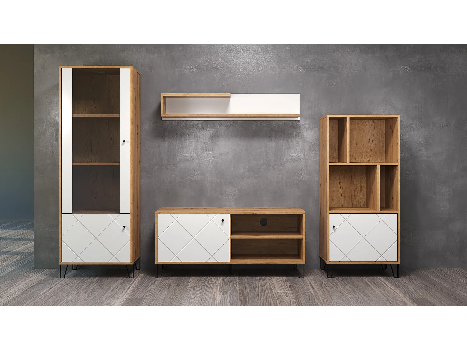 Vitrine chêne artisan et blanc mat Kidou 123cm