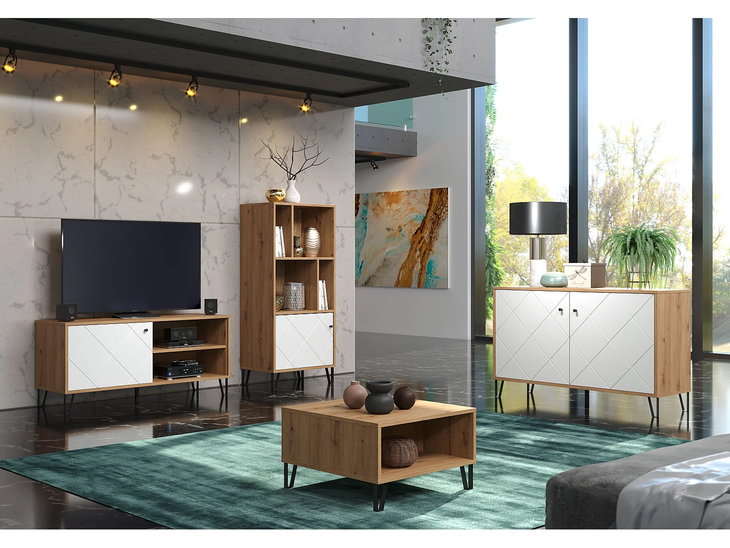 Vitrine chêne artisan et blanc mat Kidou 123cm