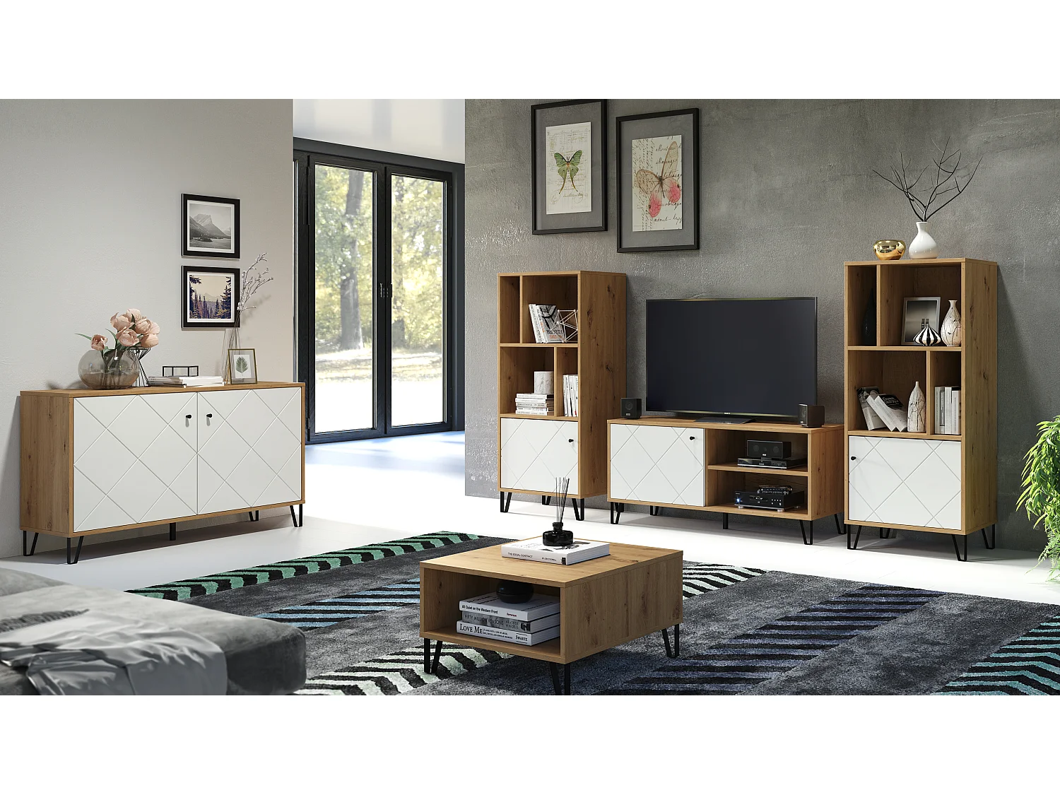 Vitrine chêne artisan et blanc mat Kidou 123cm