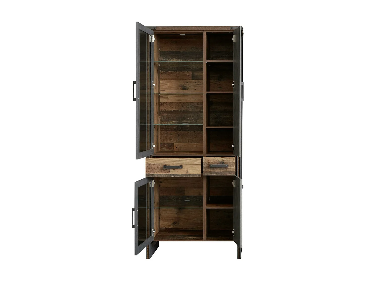 Meuble Séjour - Meuble vitrine en mélaminé gris-bois effet vieilli. L-H-P : 110-45-65 cm