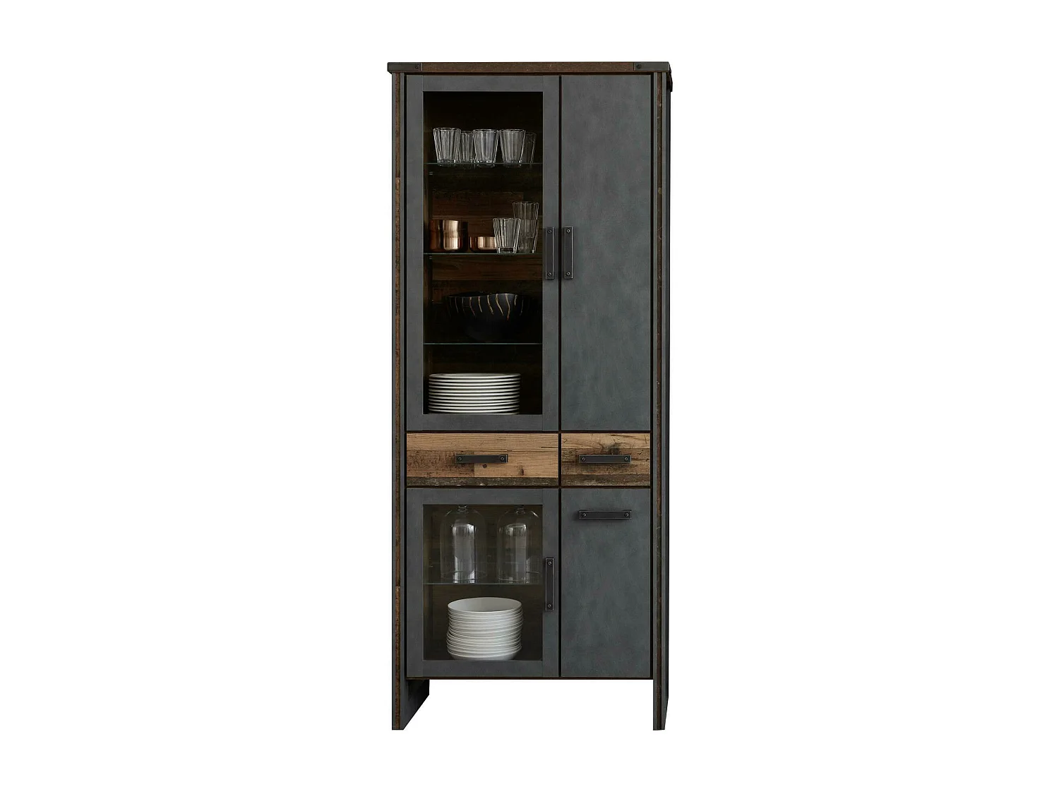 Meuble Séjour - Meuble vitrine en mélaminé gris-bois effet vieilli. L-H-P : 110-45-65 cm