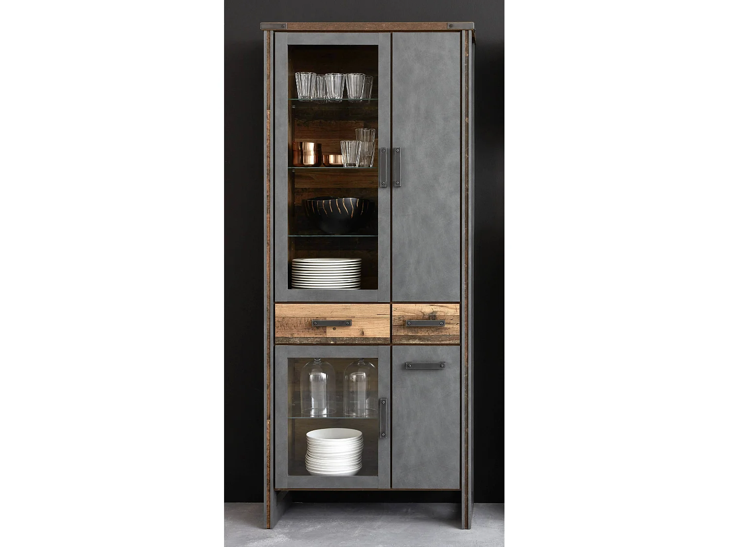 Meuble Séjour - Meuble vitrine en mélaminé gris-bois effet vieilli. L-H-P : 110-45-65 cm