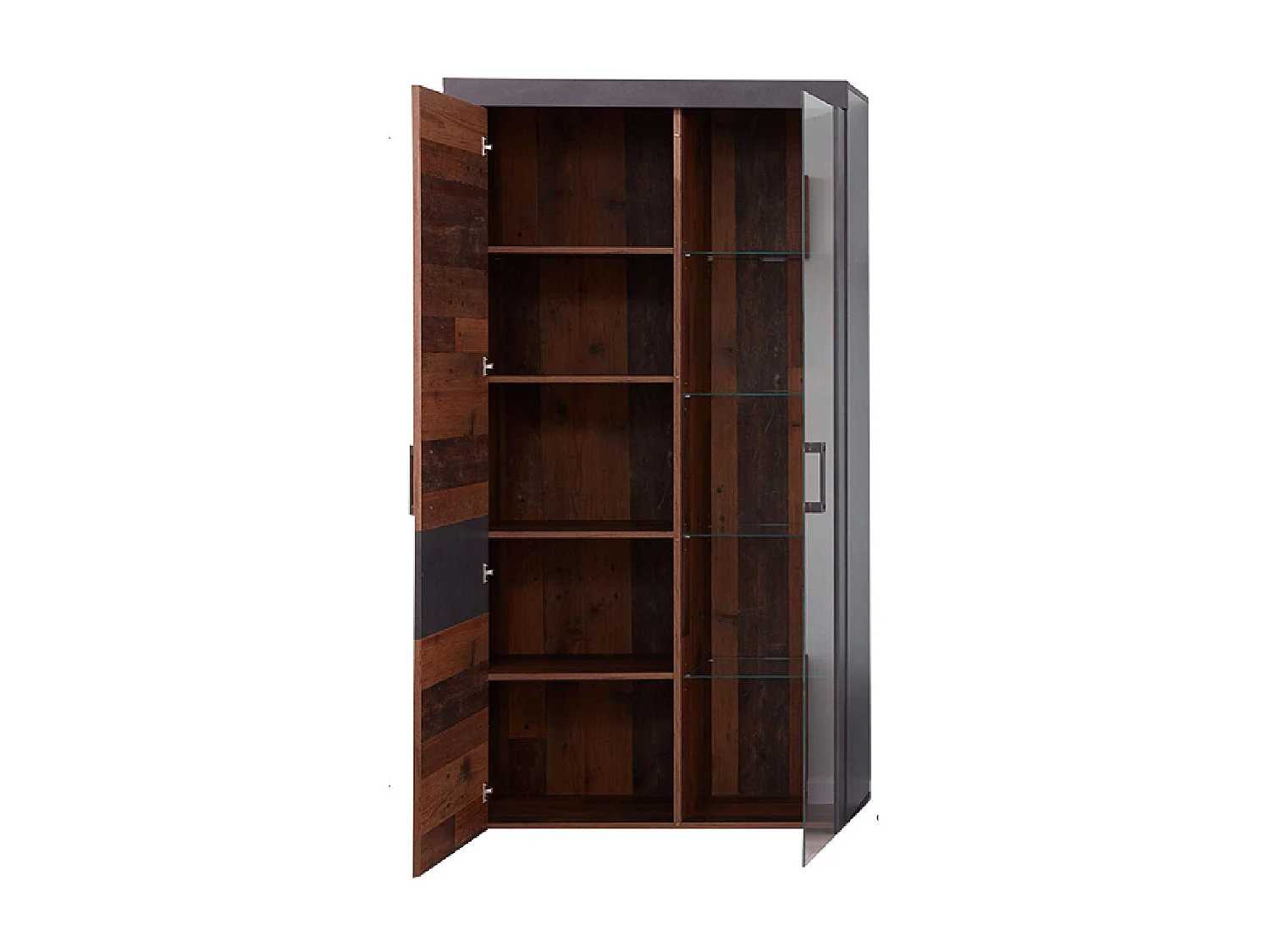 Meuble de salon-séjour . Meuble vitrine en mélaminé coloris bois effet vieilli avec une finition gris ciment. L - H - P: 87 - 189 - 34 cm.