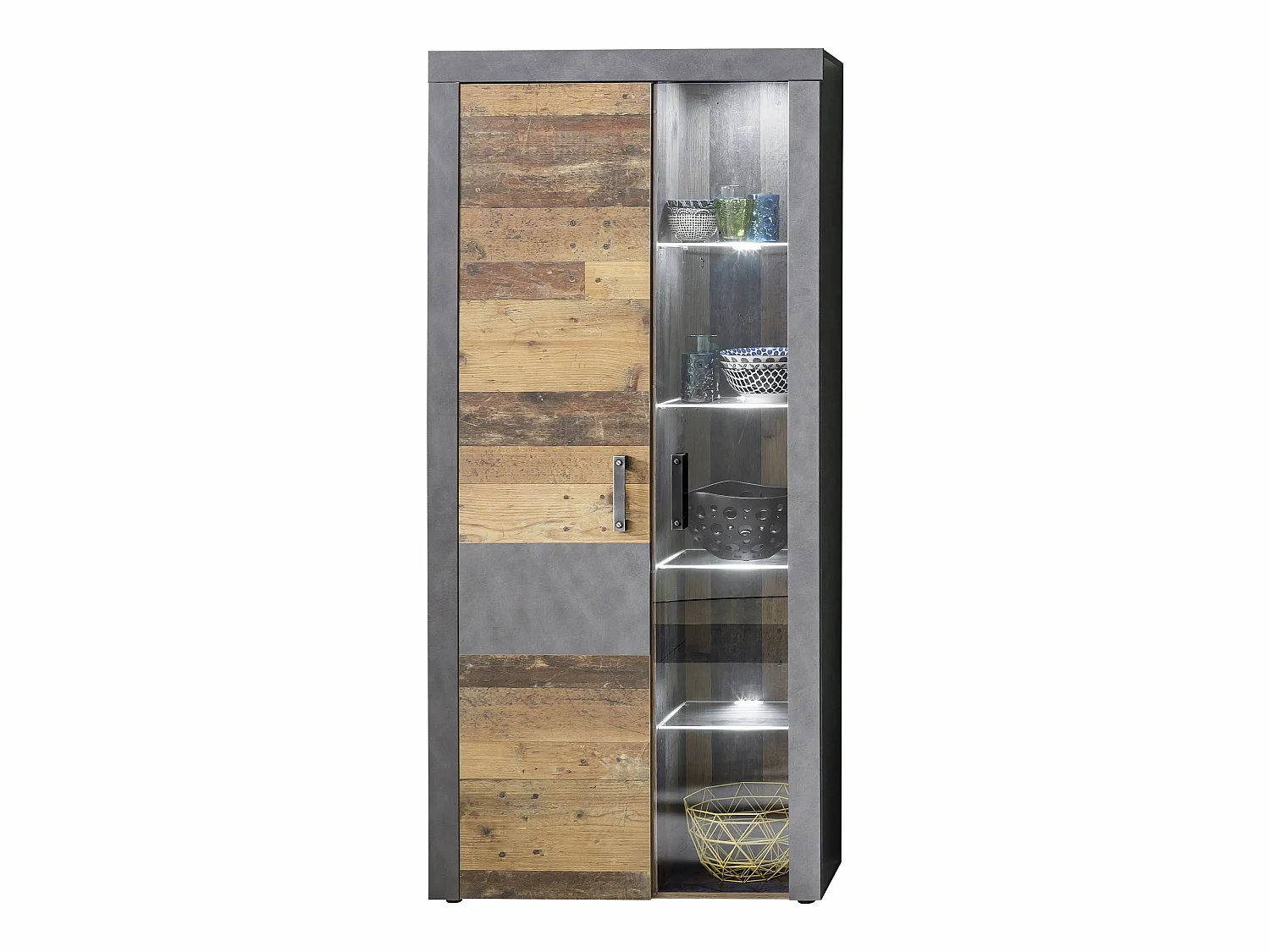 Meuble de salon-séjour . Meuble vitrine en mélaminé coloris bois effet vieilli avec une finition gris ciment. L - H - P: 87 - 189 - 34 cm.