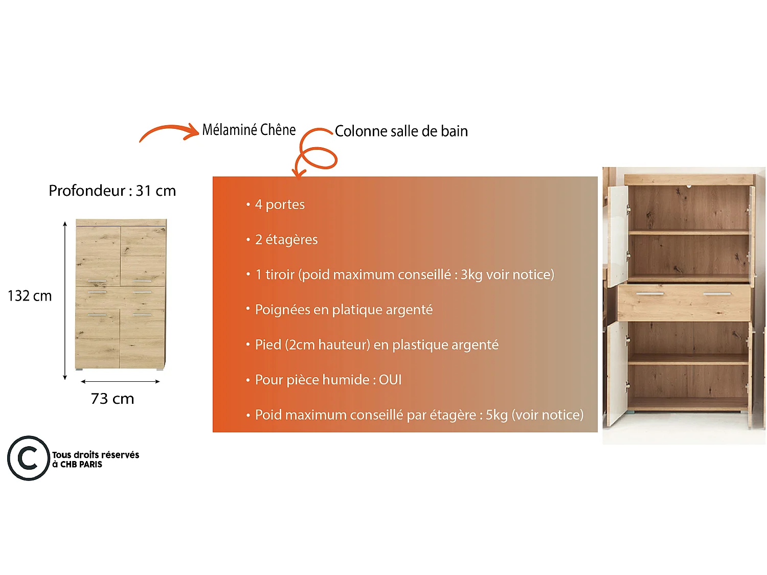 Meuble de salle de bain mélaminé - Meuble Commode. Chêne. L-H-P : 73 - 132 - 31 cm