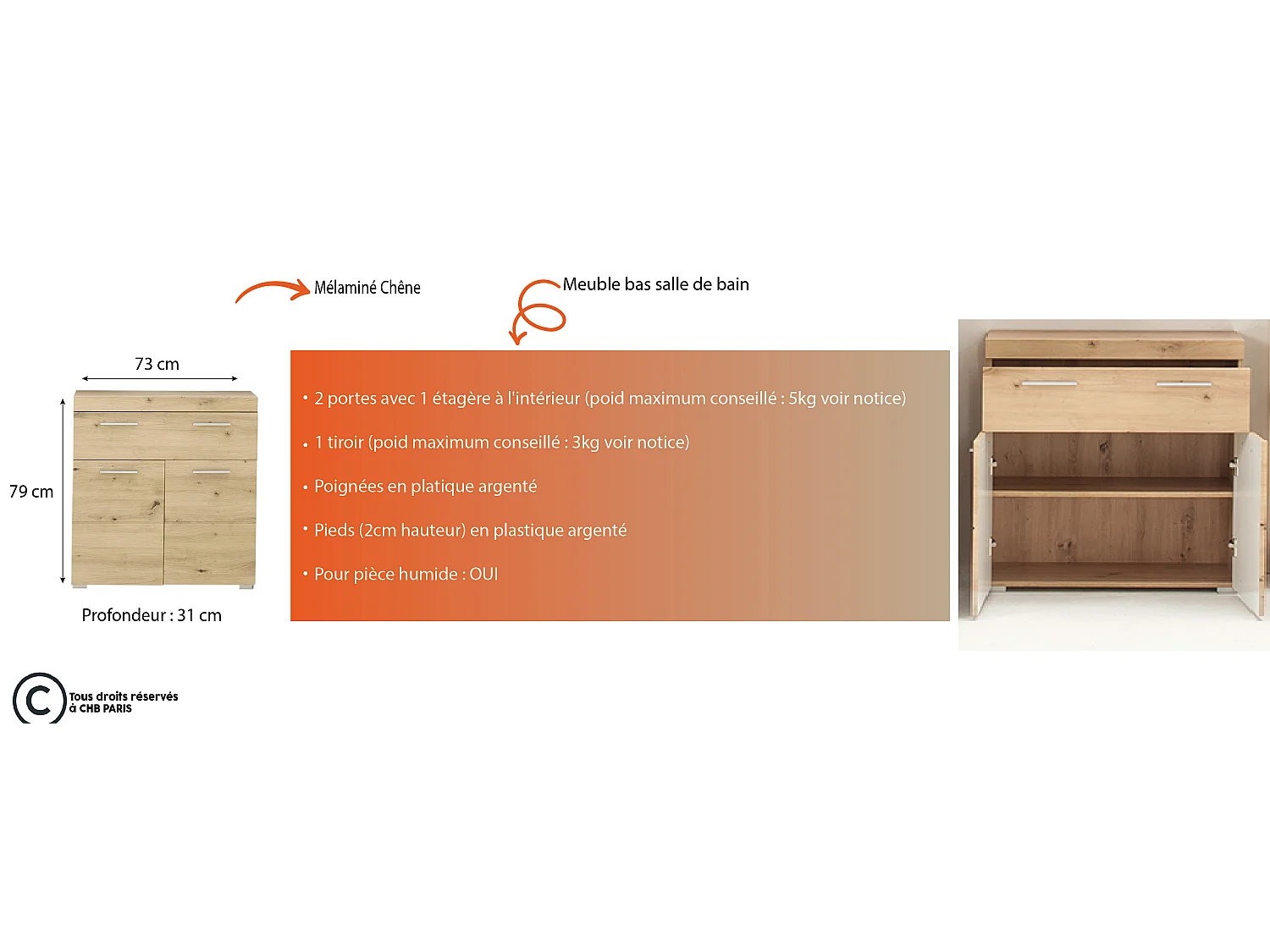 Meuble bas  mélaminé chêne. L - H - P : 73 - 79 - 31 cm