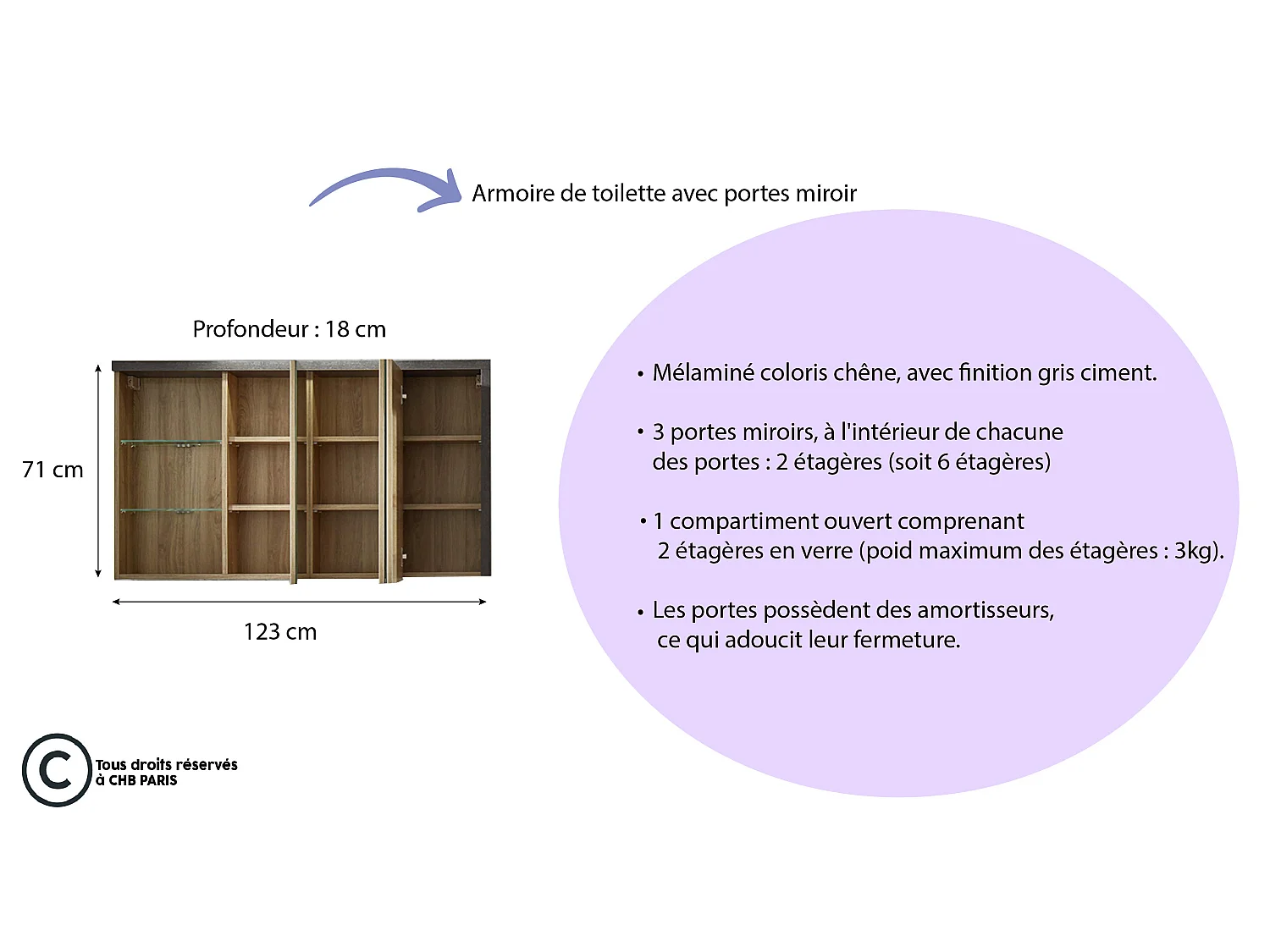 Meuble salle de bain mélaminé. Armoire de toilette avec miroir. L - H - P : 123 - 71 - 18 cm