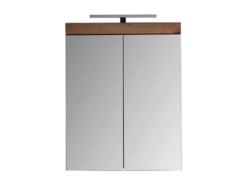 Meuble haut 2 portes blanc brillant et chêne noueux avec miroir Kelia