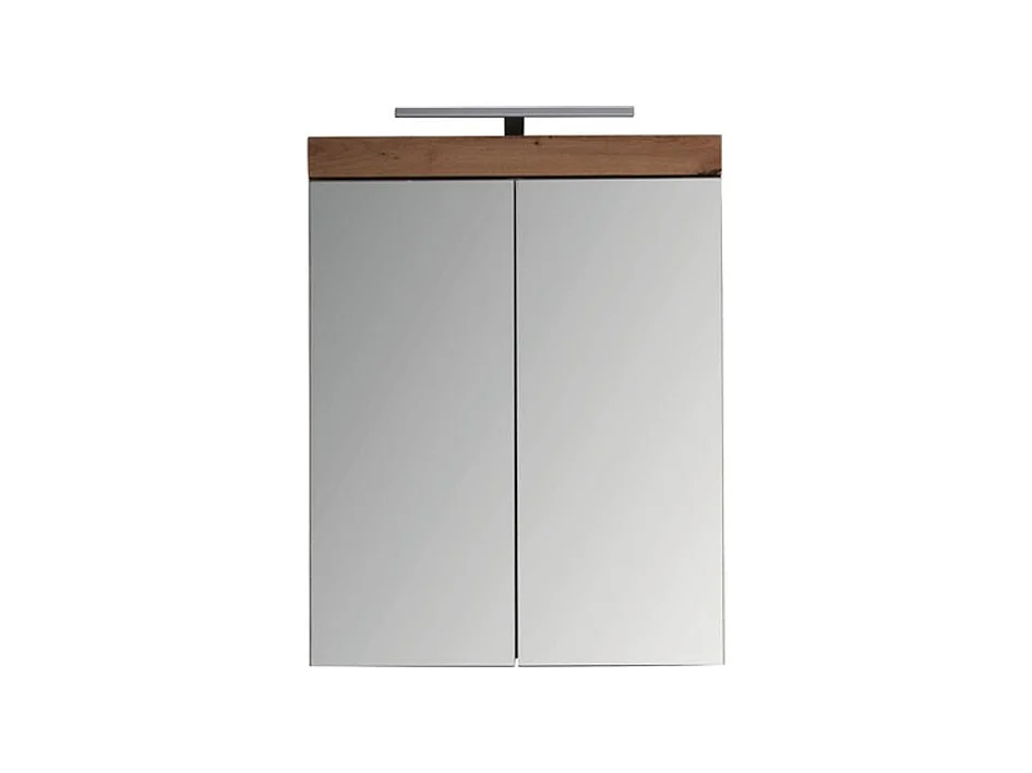 Meuble haut 2 portes blanc brillant et chêne noueux avec miroir Kelia