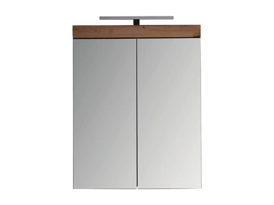 Meuble haut 2 portes blanc brillant et chêne noueux avec miroir Kelia