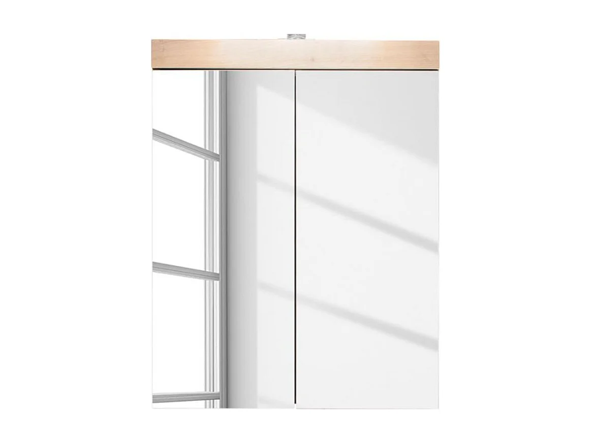 Meuble haut 2 portes blanc brillant et chêne clair avec miroir Kelia