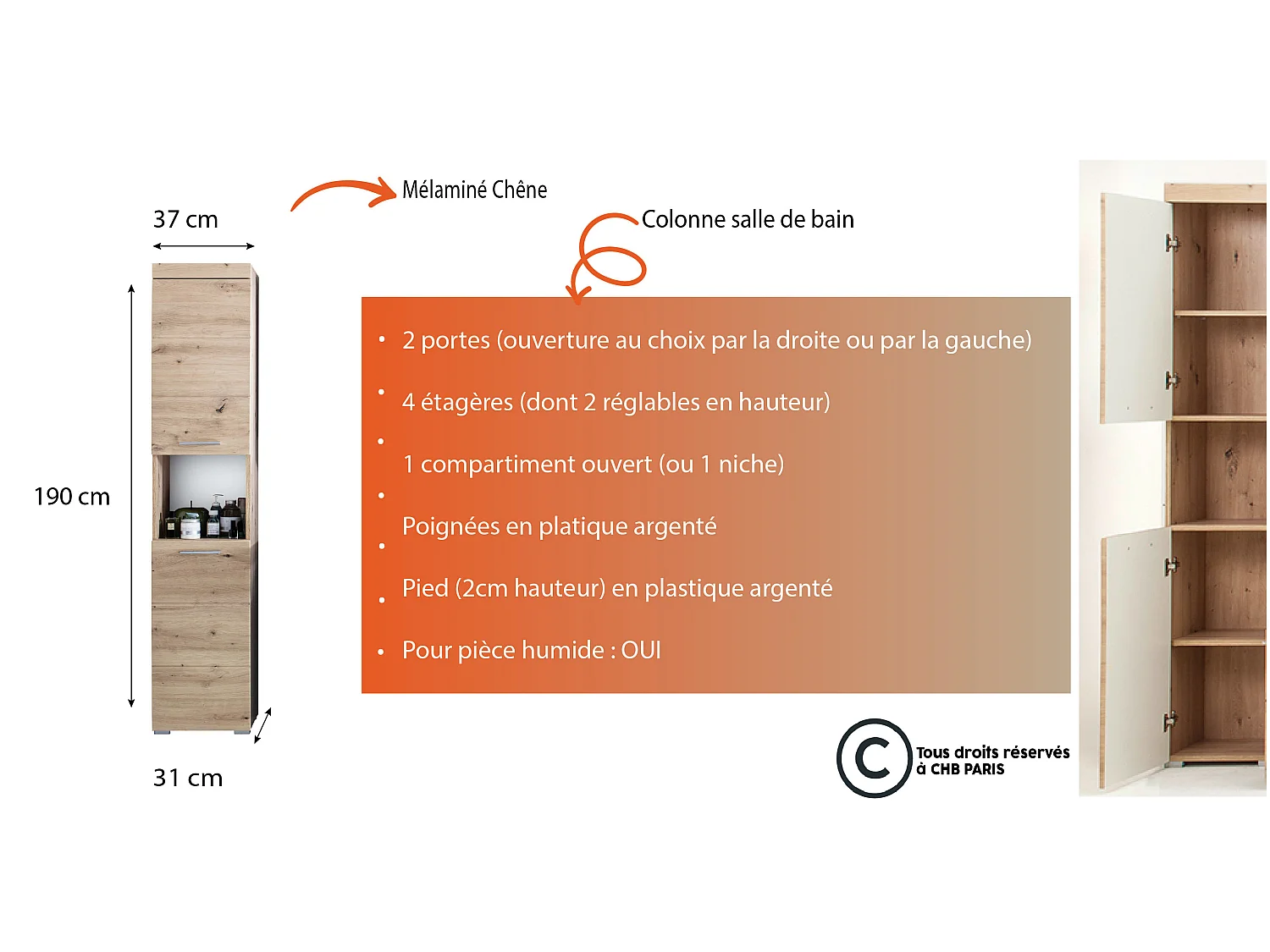 Meuble de salle de bain mélaminé - Meuble Colonne. Chêne. L-H-P : 37 - 190 - 31 cm